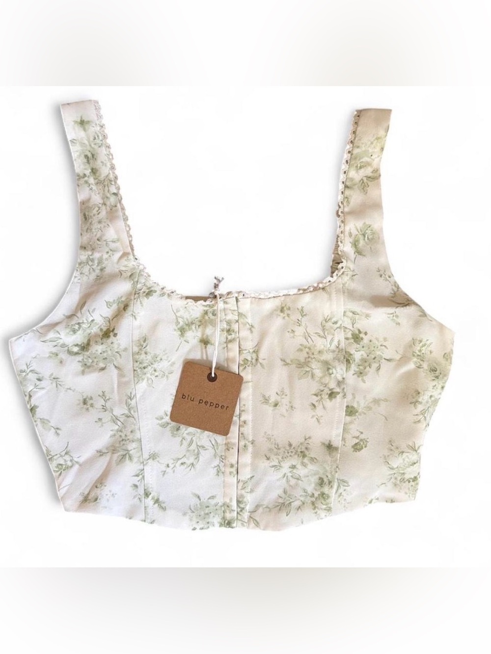 Blu Pepper Cream Floral Square-Neck Crop Top with Sage Botanical Print